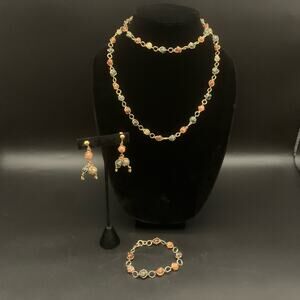 Vintage Caged Semi-Precious Stones Parure Set - Necklace Earrings & Bracelet